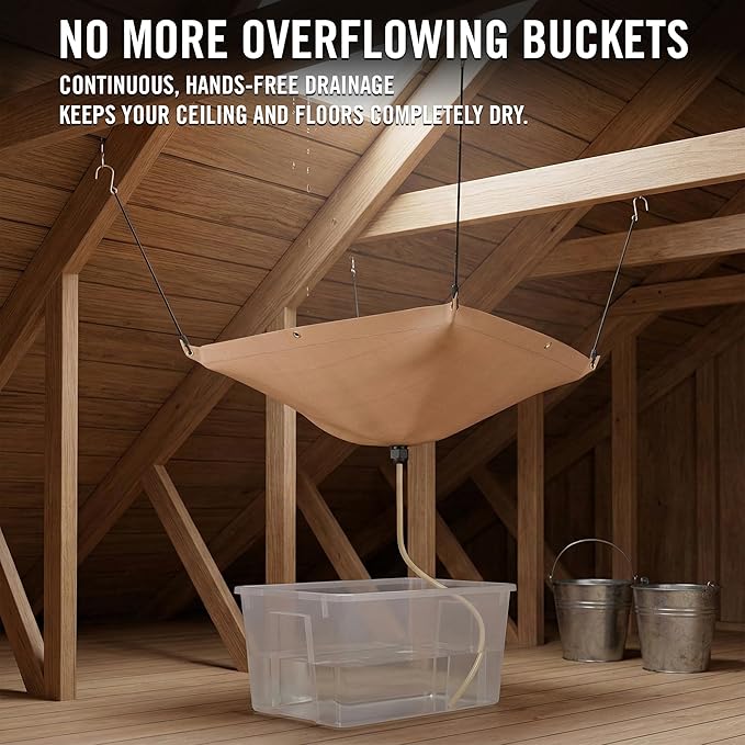 Heavy Duty Roof Leak Diverter Tarp Kit - 3x3 Ft Waterproof Ceiling Rain Catcher with Drainage System for Emergency Repairs & Rainwater Collection (Khaki)