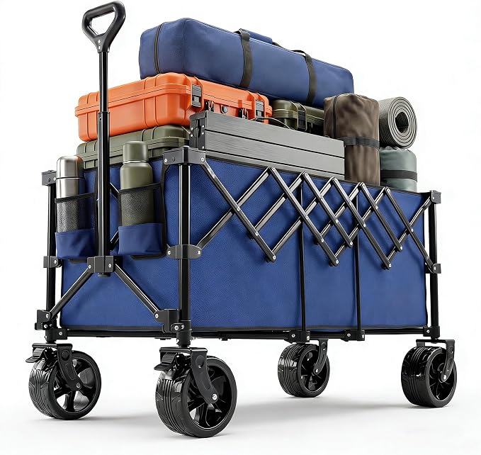 NEWBULIG Wagon Carts Foldable - 440LB Extra-Long Heavy-Duty Collapsible Wagon with All-Terrain Wheels, Portable Storage Shopping Cart for Groceries, Camping, Sports, Beach, Garden