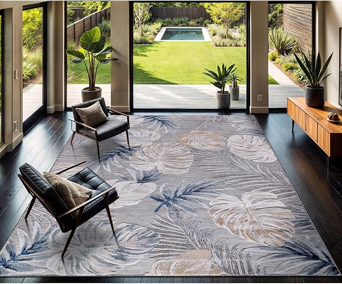 CAMILSON Indoor Outdoor Rug, Blue 7’10”x10’ Leaf Tropical Botanical Area Rugs for Indoor and Outdoor patios, Easy-Cleaning Non-Shedding Living Room, Garden and Kitchen Washable Outside Carpet (8x10)