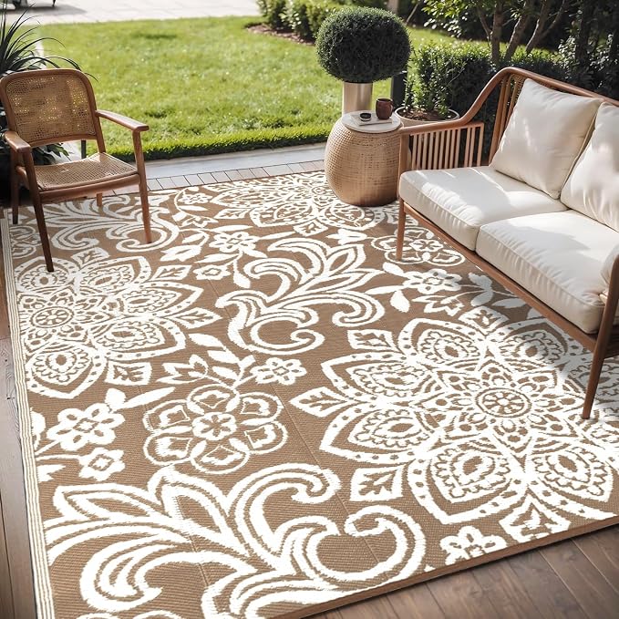Findosom Waterproof Outdoor Rug 5' x 8' - Reversible Mandala Outdoor Plastic Straw Rug, Durable Foldable Patio Rug for RV, Deck, Balcony, Backyard, Picnic, Porch, Camping, Beach, Brown