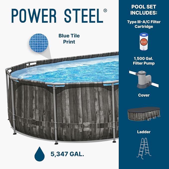Bestway Power Steel 20’ x 12’ x 48” Above Ground Pool, Oval Metal Frame Outdoor Swimming Pool Set with Filter Pump, Ladder, and Cover | Durable Oval Metal Frame Outdoor Backyard Pool - Ladder, Cover, and Type III Filter Cartridge Included, Wood Print