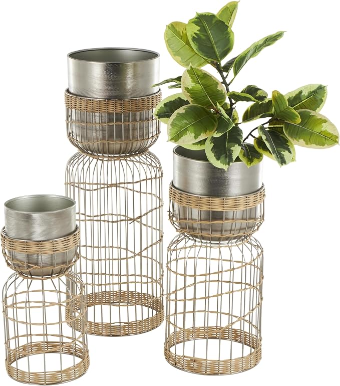Deco 79 Metal Indoor Planter Textured Dome Large Planter Pot with Woven Rattan and Caged Rod Pedestal Base, Set of 3 Planters 30", 23", 18" H, Silver