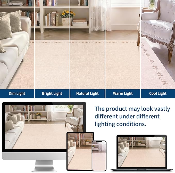 COZYLOOM 10x14 Area Rugs for Living Room Modern Bow Border Rug with Non Slip Backing, Non Shedding Low Pile Washable Rug Stain Resistant Foldable Mats for Dining Room, Bedroom, Office, Beige
