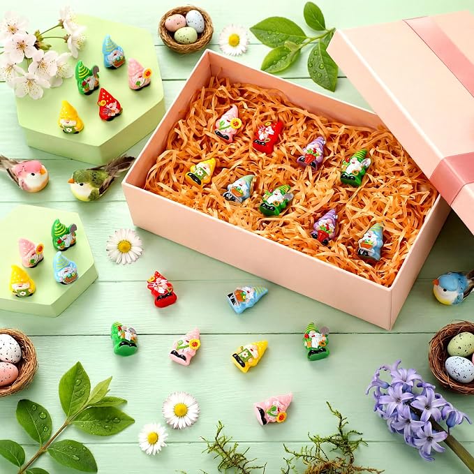 Yaomiao 60 Pcs Mini Gnomes Figurines Flower Resin Gnomes Figurines Decorations Sunflower Tulips Flowers Pots Mini Resin Gnome for Summer Table Landscape Fairy Garden Accessories Tiered Tray Decor