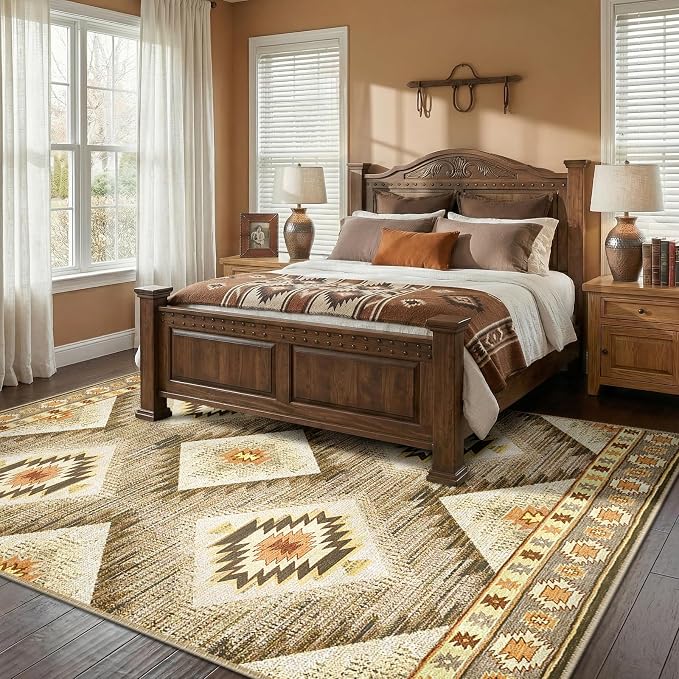 5'x8' Washable Area Rug for Living Room Bedroom Cream/Camel | Soft Western No Slip Low Pile Print Foldable Indoor for Kitchen Dining Room