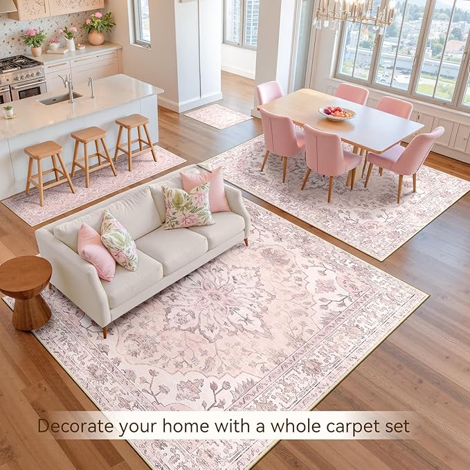RELEANY Washable Area Rug, Large 9'x12', Pink | Non-Slip, Water Repellent, Pet Friendly, Easy to Clean, Vintage Floral Boho Decor for Living Room Bedroom Dining Room