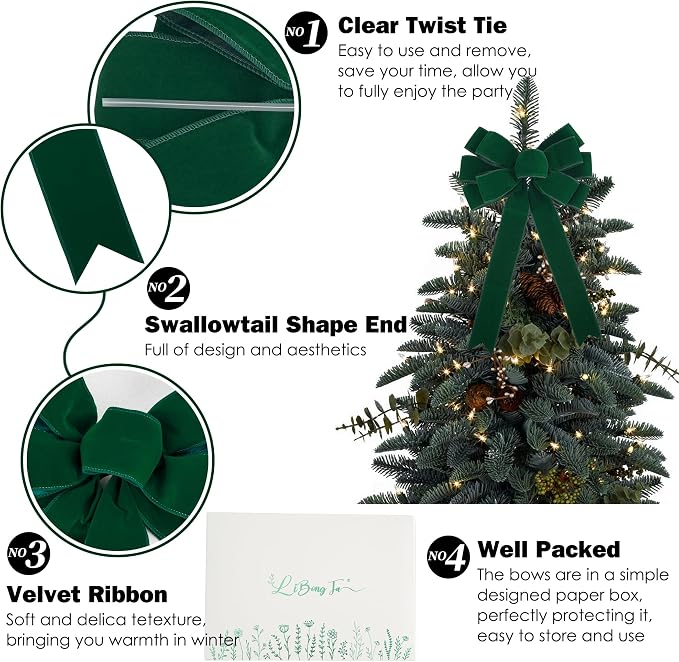 13" Green Pre-Tied Bow for Christmas Tree, Dark Green Velvet Ribbon Bow for Wreaths, Tree Toppers, Premade Gift Bows for Party Favor, Christmas Home Indoor Outdoor Decor-1 Counts
