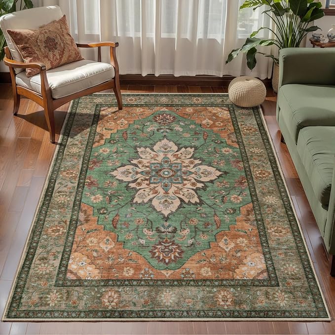 Tangsoo Farmhouse 3x5 Rugs, Washable Non Slip Accent Rugs for Entryway | Vintage Print Indoor Carpet,Boho Soft Low Pile Oriental 3x5 Area Rug for Living Room Bedroom Bedside Bathroom Tan/Green Decor