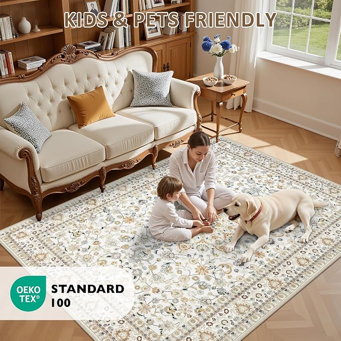 9x12 Area Rugs Living Room: Washable Vintage Rug for Bedroom Beige | Vintage No Slip Stain Resistant Rug Soft Indoor Decor Floor Floral Area Rugs for Dining Room, Nursery, Hallway, Home Office