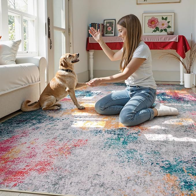 Beeiva Abstract Large Carpet for Living Room 8x10, Modern Washable Non Slip Area Rugs, Ultra Thin Foldable Lightweight Low Pile Rug for Dining Room Bedroom Playroom Office - Ivory Blue