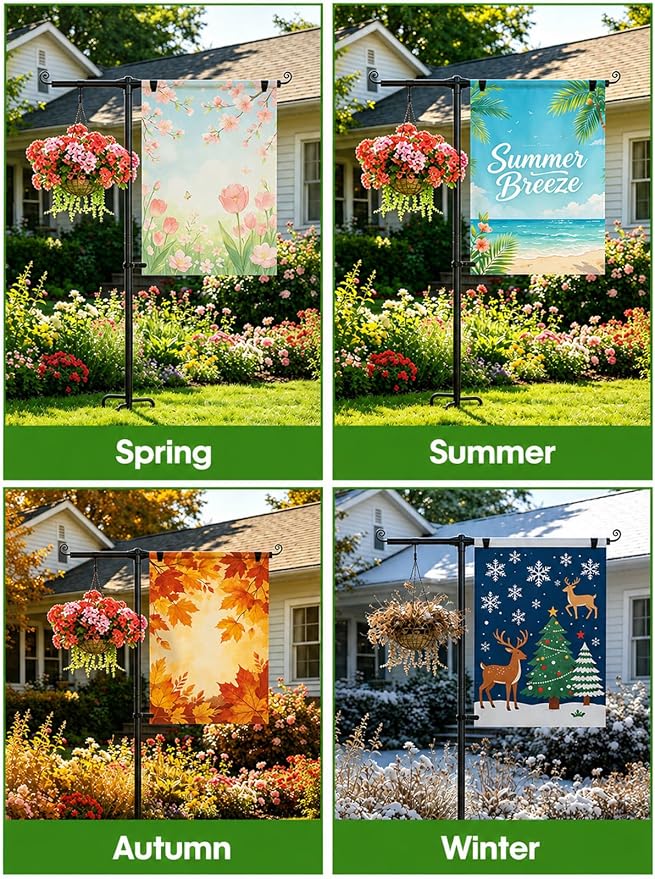 Garden Flag Stand Holder 64" Heavy Duty Pole Stainless Steel Holder | 3/4" Diameter with Shepherd Hooks and 4-Prong Base for 28x40 Flags, Rust-Resistant for Outdoor Yard Lawn Decor All Holidays