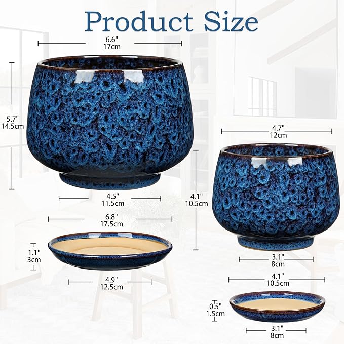 GnFlus Blue Ceramic Planter Pots with Drainage Holes, Set of 2 7''+5'' Saucers Large Round Plant Pot for Indoor-Outdoor Plants, Succulent Orchid Flower