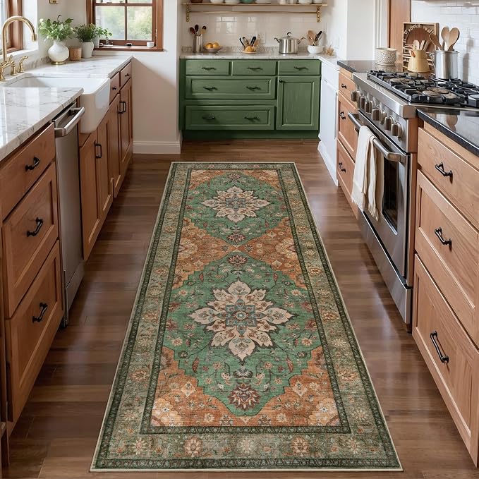 Tangsoo Vintage 2.6x10 Washable Hallway Runner Rugs, Non Slip Rug Runners | Oriental Soft Low Pile Long Rug, Boho Farmhouse Print Indoor Carpet Runners for Living Room Kitchen Bedroom Tan/Green Decor