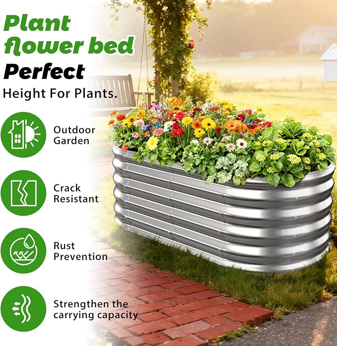 YSEJOMP 17" Tall Outdoor Garden Raised Garden Bed Kits, 4ft X 2ft Oval,0.8MM Thick Metal Raised Planter Bed/Ground Planter Box for Variety of Flowers,Herbs,Vegetables (Silver, 48X24X16.5 Inches)