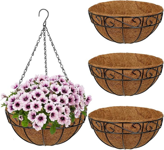 4 Pack 12 inch Metal Hanging Baskets for Plants, Round Metal Wire Hanging Basket Planter with Coco Fiber Liners Chain for Garden Home Porch Patio, Flower Border