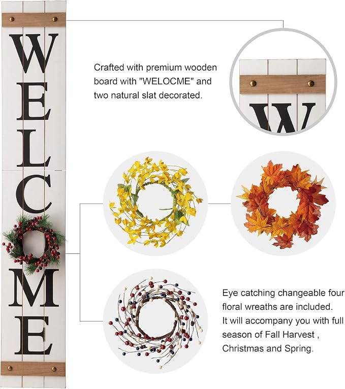 Glitzhome 60”H Welcome Sign with 4 Interchangeable Floral Wreaths for Front Door Porch Farmhouse Wooden Hanging Wall Sign for Seasons Spring Fall Harvest Thanksgiving Christmas