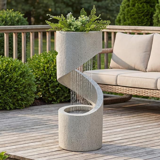 Glitzhome Outdoor Water Fountain with LED Light, Spiral Tiered Water Fountain Outdoor with Stone Planter, Modern Curved Waterfalls Feature Fountains for Garden Patio Porch, 31.3”H