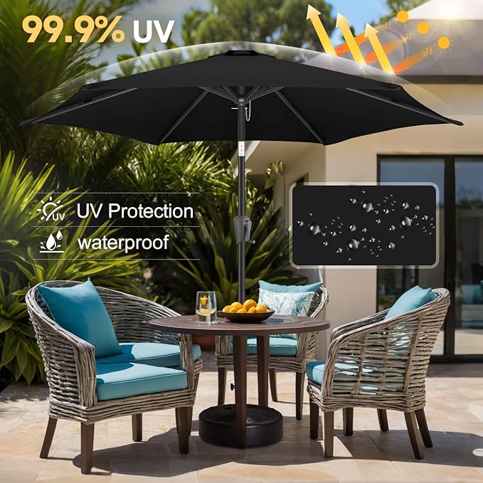 FLAME&SHADE 9ft Patio Umbrella Outdoor - Table Umbrella with Push Button Tilt and Crank, UV Protection, 6 Sturdy Ribs, Market Umbrella for Garden, Deck, Backyard, Lawn, Pool and Beach(Black)