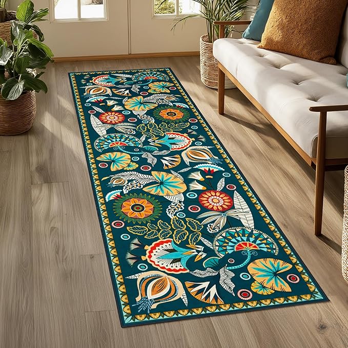 Joydeco Egypt Floral Boho 2x6 Washable Kitchen Hallway Bathroom Rug Runner | Dark Green Botanical Colorful Non Slip Stain Resistant Low Pile Flower Indoor Carpet Runner for Entryway Laundry Room Bedroom