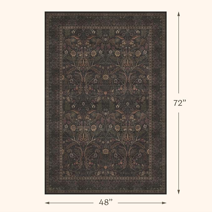 Washable 4x6 Brown Rugs for Entryway, Rustic Carpet for Living Room Office, Bedroom, Large Entryway, Funky Dark Academia Rug with Botanical Design