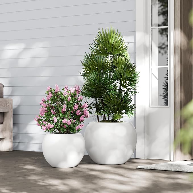 DTY Fiberstone Sphere Planter for Olive Trees, Large Round Globe Planter Indoor Outdoor, White, 70% Lighter Than Stone, Drainage Hole, 2 Coco Mats Included, Medium 16.1" D x 13.6" H