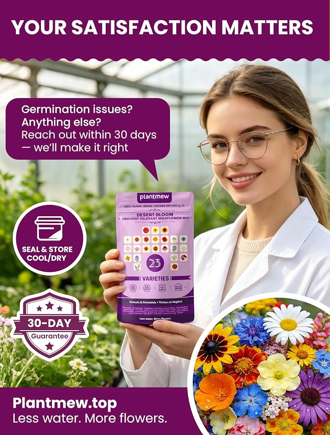 Wildflower Seeds – Desert Bloom Drought-Tolerant Mix, 23 Varieties Annuals & Perennials, 36,000+ Seeds (4oz) Covers 450-600 sq.ft. – High Germination, Thrives on Neglect, Less Water More Flowers