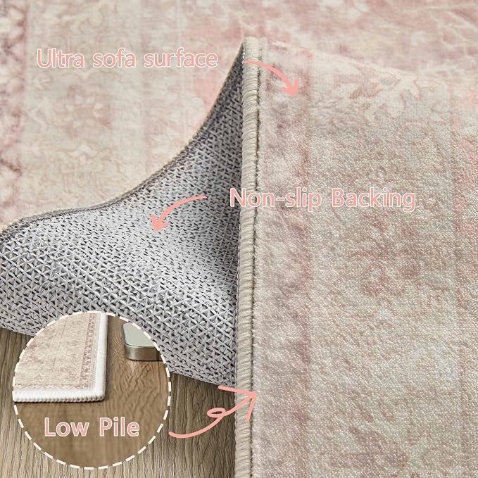 Latte&Fog Pink Rugs for Girls Bedroom Washable 6x9 Area Rug for Living Room | for Dining Kitchen Kids Nursery Playroom Guest Room Classroom Dorm Farmhouse Office, Non Slip Low Pile Soft Floral Carpets