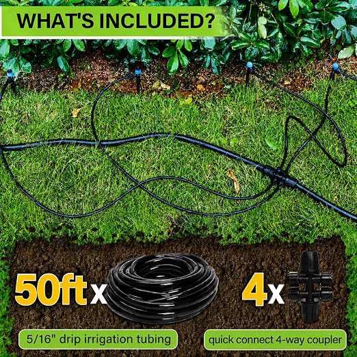 Bonviee 50FT 5/16” Drip Irrigation Mainline Tubing with 4-Way Push-to-Connect Couplers (4 Pack) – Compact DIY Garden Irrigation Distribution System for Misting, Raised Beds & Small Spaces