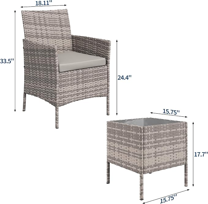 3-Piece Outdoor Furniture Set, PE Rattan Wicker Chairs with Soft Cushions & Tempered Glass Coffee Table - All-Weather Patio Set for Garden, Backyard, Porch, Poolside (Gray/Light Gray)