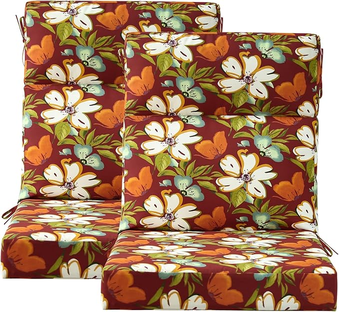 Unimatta Outdoor High Back Chair Cushion Seat Pads, 44 x 21 Inch Water-Repellent & Fade-Resistant Patio Furniture Cushions with Ties for Adirondack, Rocking Chairs, Red Floral