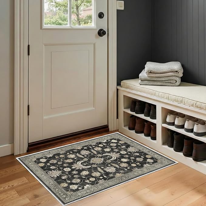 2x3 Area Rug Washable Vintage: Non Slip Throw Rugs for Entryway | Indoor Door Mat for Kitchen Soft Low Pile Thin Small Carpet for Hallway Bedroom Dining Room Home Office Decor