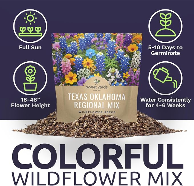 Texas Oklahoma Wildflower Seeds Mixture - Bulk 1 Ounce Packet - Over 15,000 Native Seeds - Open Pollinated and Non GMO