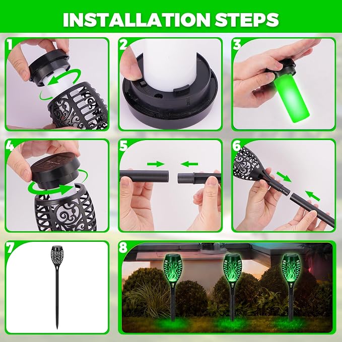 Solar Torch Flame Lights, Flickering Flame LED – Waterproof Solar Garden Lights for Patio, Yard, Pathway, Landscape & Backyard Décor (Green-8 Pack)