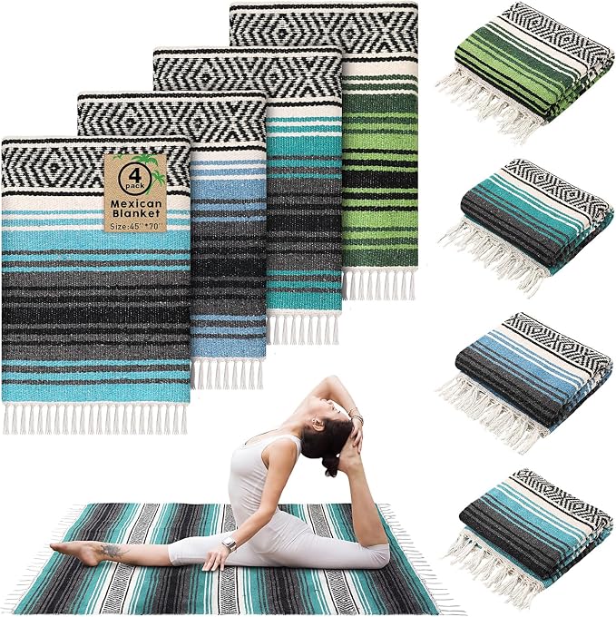 Oudain 4 Pcs Mexican Blankets Bulk Handwoven Mexican Yoga Blanket Towel Colorful Falsa Serape Woven Throw Blanket Boho Beach Blankets for Outdoor Camping Beach Picnic Travel Home (Blue Green)