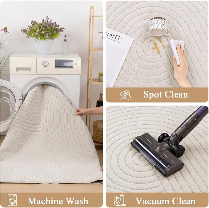U'Artlines 8x10ft Washable Area Rug for Living Room, Beige | Minimalist Modern, Soft Fluffy, Non Slip High-Low Pile Rug for Bedroom, Carpet for Dining Area, Kids Nursery Room