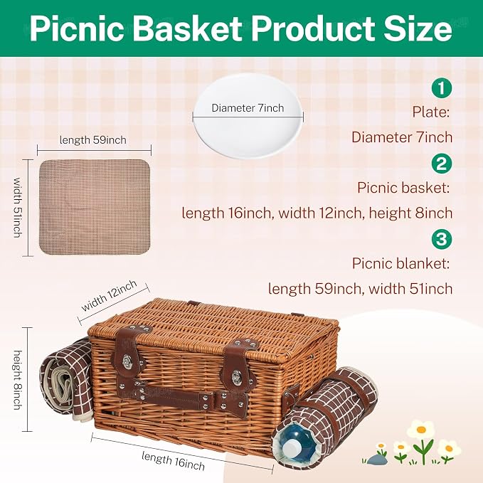 Double Picnic Basket with Large,Insulated Cooler Bag and Waterproof Picnic Blanket, Handmade Wicker Basket Set with Cutlery for Picnics, Camping, Beach