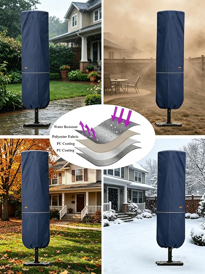 Patio Umbrella Cover with Rod for 7 to 11 Ft Umbrellas & 15 Ft Double-Sided Umbrellas, Protective Waterproof Cover with Zipper, Dark Blue