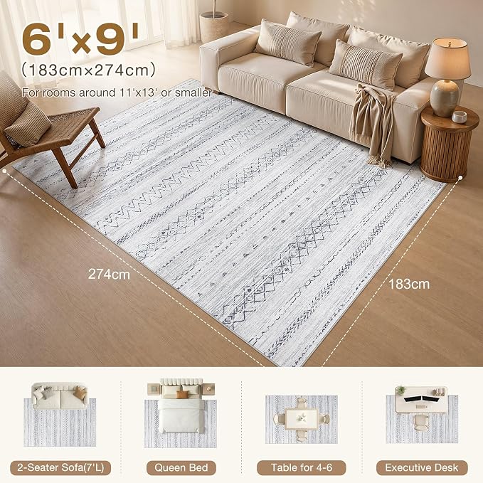 cotiled 6x9 Area Rugs for Living Room: Boho Washable Rug for Dining Room | Solve Modern Neutral Trendy Home Decor - Stain Resistan Indoor Soft Carpet for Bedroom Nursery Grey