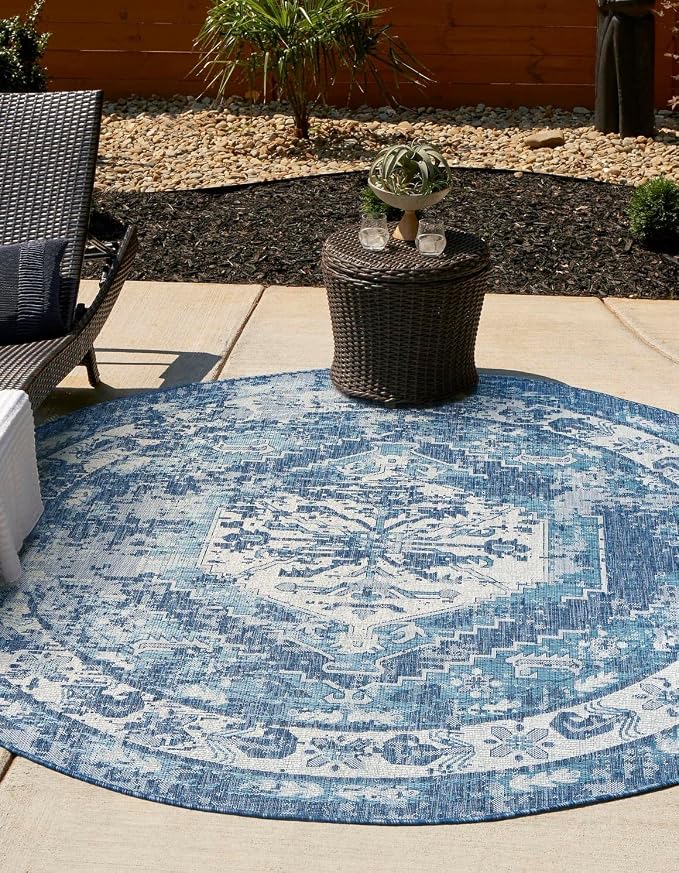 Unique Loom Outdoor Traditional Collection Area Rug - Valeria (10' Round, Blue/ Ivory)