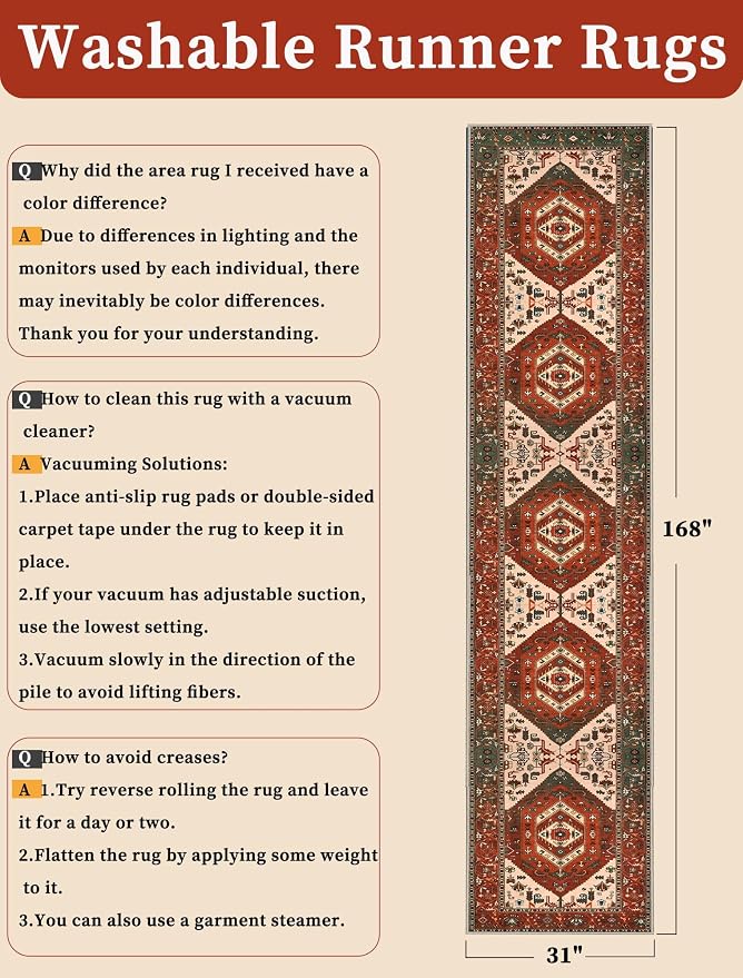 SERISSA 2'6"x14' Washable Non Slip Boho Runner Rug for Hallway | Ultra Soft Vintage Oriental Carpet Low-Pile Terracotta Green Floor Carpet for Kitchen Bedroom Entryway Bathroom Laundry Room