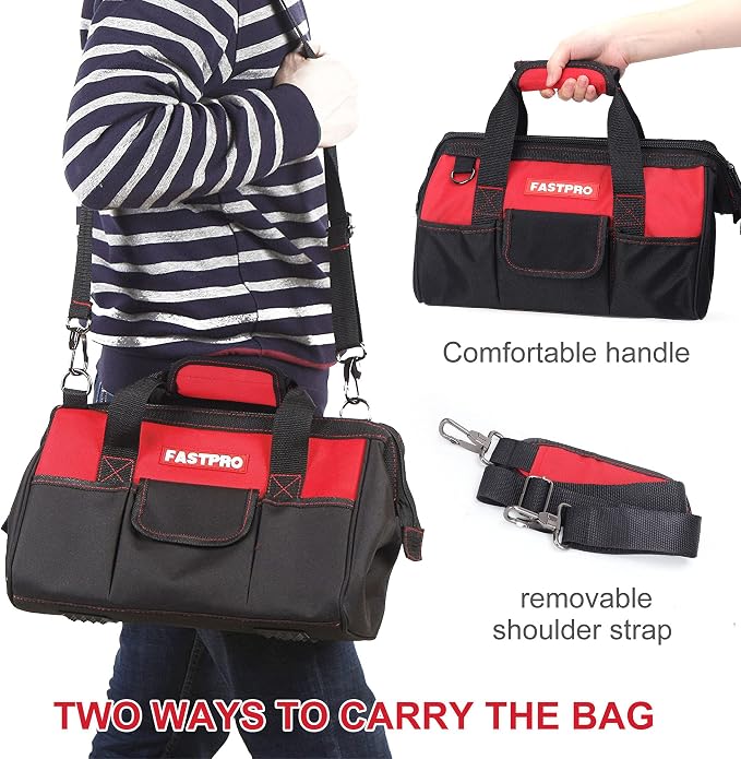 FASTPRO 14-Inch Zip-top Wide Mouth Open Storage Tool Bag, Classic Black&Red Design, Fashionable Design, 600D Polyester Fabric Material for Quality Endurance, With Adjustable Shoulder Strap
