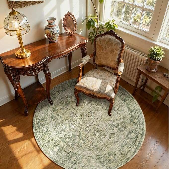 4ft Washable Round Rugs for Bedroom: Circle Living Room Rug Boho Vintage Non Slip Low Pile Soft Faux Wool Non Shedding Small Carpet Rug for Kitchen Entryway Bathroom Bedside Home Office Dorm Kids Room