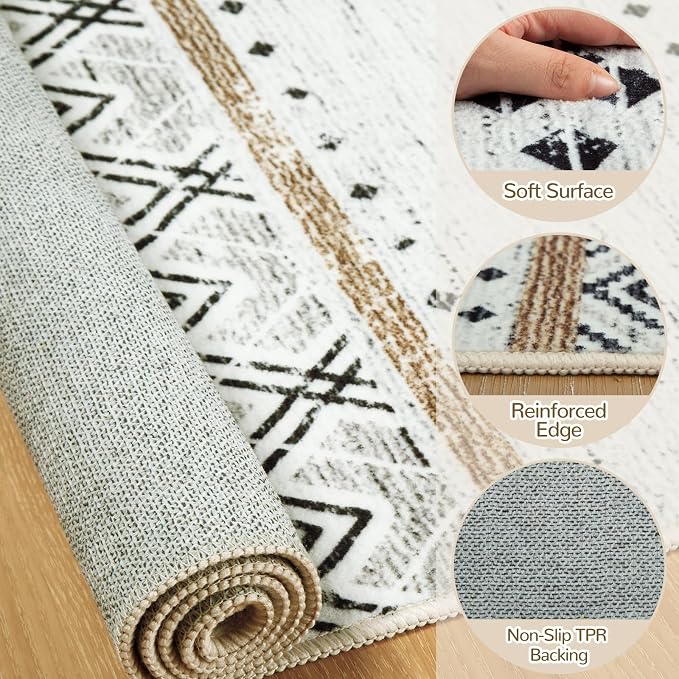 2x3 Washable Area Rugs for Living Room Boho Bathroom Rug Black/Brown | Vacuum Friendly, Machine Washable, Non-Slip Rug, Stain Resistant, Moroccan Geometric, Low Pile Carpet, Entryway Kitchen
