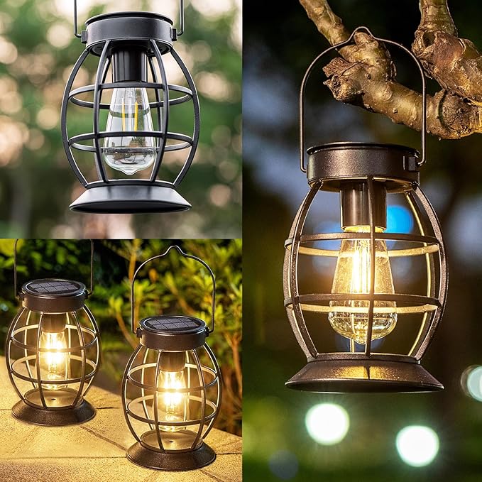 LeiDrail Solar Lanterns Outdoor 2 Pack, Hanging Waterproof Metal Lantern Dual LED Warm White, Auto On/Off Garden Patio Yard Porch Pathway Table Decor, Solar Powered Gift for Women