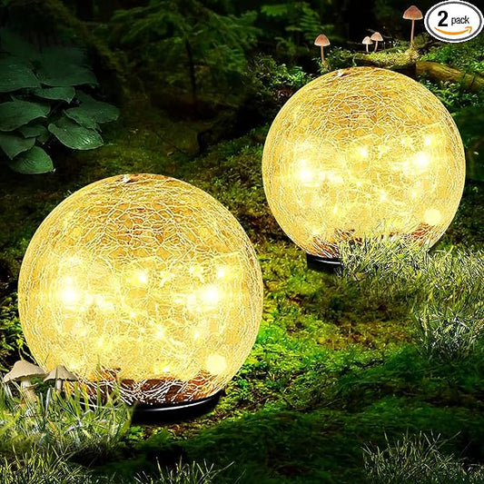Garden Solar Ball Lights Outdoor Waterproof 80LED Cracked Glass Globe 5.9'' | 2 Pack Solar Power Ground Lights for Path Yard Patio Lawn, Christmas Decoration Landscape Warm White