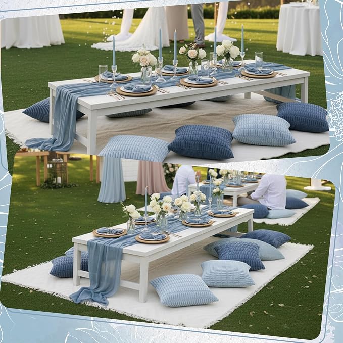 Beeveer 14 Pack Picnic Kit 91x71 Inch Extra Large Outdoor Boho Picnic Blanket with Gray Blue Table Runner, 6 Throw Pillow Cover 6 Napkin Woven Cotton Yarn Washable Beach Blanket for Camp Wedding Decor