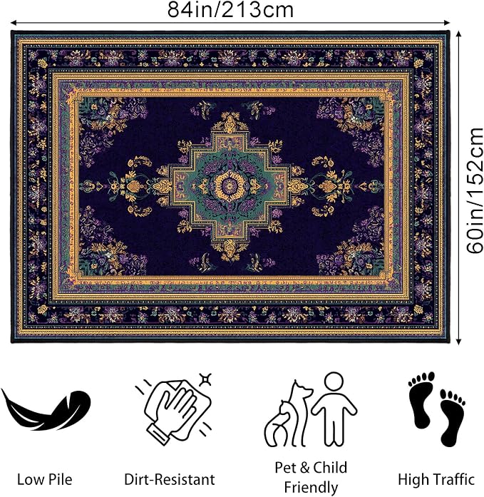 Vintage Boho Purple Area Rug 5x7 Violet Oriental Rugs Living Room Bedroom | Purple Gold Carpet, Soft Washable, Non-Slip Stain Resistant, Pet Friendly, Easy to Clean