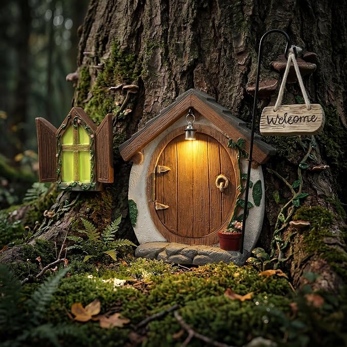 Fairy Doors for Trees with Light, Fairy Garden Accessories for Outdoor Decor, Fairy Garden Houses Kit for Front Porch Patio Backyard Yard Outside Decoration, Birthday Gifts for Women Families Friends