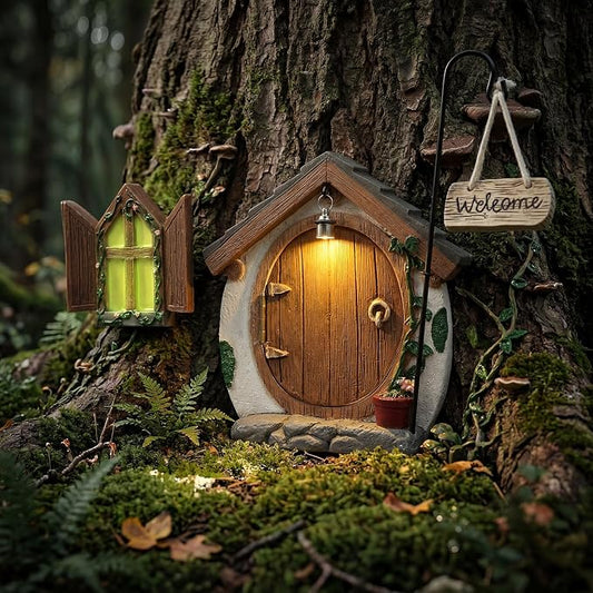 Fairy Doors for Trees with Light, Fairy Garden Accessories for Outdoor Decor, Fairy Garden Houses Kit for Front Porch Patio Backyard Yard Outside Decoration, Birthday Gifts for Women Families Friends
