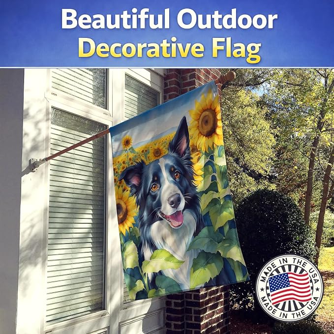 Caroline's Treasures DAC6031CHF Border Collie in Sunflowers House Flag Large Porch Sleeve Pole Decorative Outside Yard Banner Artwork Wall Hanging, Polyester, House Size, Multicolor